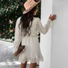 Polka Dot Ladies Spring Dress Women V Neck Flare Long Sleeve Short A-line Chiffon Vintage Sash 210427