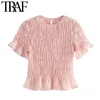 Women Sweet Fashion Ruffed Pleated Cropped Blouses Vintage O Neck Short Sleeve Female Shirts Chic Tops 210507