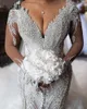 Luxo sereia árabe dubai vestido de casamento 2024 com decote em v longo trem tule frisado lantejoulas cristal feminino vestidos de noiva tamanho personalizado vestidos de noivas