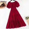 Neploe Puff Sleeve Slash Neck Women Dresses Summer French Style Candy Color High Waist Vestidos New Fungus Patchwork Dress Y0726