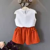 Trajes para niñas Ropa de verano Bebé Gasa Chaleco sin mangas Tops + Pantalones cortos de color sólido Conjuntos de bordado de cereza para niños 210515