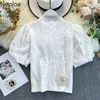 Neploe Vintage Femme Tops Sweet Puff Sleeve Mode Chemises blanches Stand Cou Slim Dentelle Crochet Floral Blouse courte Tops élégants 210422
