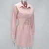 Lange mouwen shirt jurk met corset riem casual vrouwen vintage sexy roze mode feestjurken mini wit vestdos