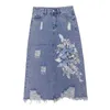 Misschien U Blue Denim Gat Potlood Knielengte Rok High Street Empire Flower Embroidery Summer S0267 210529