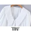 TRAF Women Sweet Fashion Borduurwerk Geparend Wit Mini Jurk Vintage Peter Pan Collar Puff Sleeve Vrouwelijke Jurken Mujer 210415