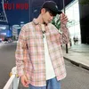 RUIHUO Harajuku Mens Shirt Plaid s For Clothing Checkered Blouse M-4XL Spring Arrival 210721