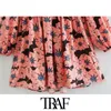 TRAF Women Chic Fashion Bloemenprint Geplooide Mini Dress Vintage Puff Sleeve Backless Elastische Vrouwelijke Jurken Mujer 210415
