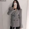 Houndstooth Korean Belt Woolen Coats Jackor Kvinnor Puff Sleeve Notched Collar Double-Breasted Elegant Vintage Kvinna Outwear Topp 210518