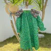 Korean Style Summer Kids Girls Dress Green Floral Long Short Puff Sleeves Princess Children Clothes 1-7 Years E13 210610