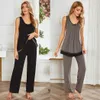 Sexy Pyjama Zwarte Pyjama met Broek Lange Broek Losse Lingerie Simple Style Nachtkleding Dames PJ Set Dames Home Service Q0706