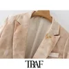 TRAF Women Fashion Tie dye Print Corduroy Blazer Coat Vintage Long Sleeve Pockets Female Outerwear Chic Tops 210415