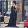 Royal Blue Velvet Prom Dresses with Cape Long Sleeve Gold Beaded Crystal Kaftan Caftan Arabic Dubai Evening Gown Wear