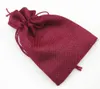 10x14cm 50pcs Bourgogne Dark Red Burlap Linne Jute Drawstring Halsband Smycken Paket Gift Bröllop Förpackning Väska