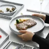 İskandinav granit yemek tabakları taş gibi seramik yemek takımı yuvarlak pizza tabağı ev restoran misafirperverliği için dikdörtgen servis tepsisi