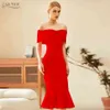 Winter Women Red Off Shoulder Short Sleeve Club Bodycon Bandage Dress Sexy Mermaid Celebrity Runway Party Dresses 210423
