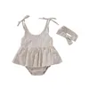 Jumpsuits Summer Baby Girls Ubrania Bandaż Daisy Print Romper Dress Opaska na głowę bawełniane lniane stroje3648180
