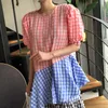 Korejpaa Women Dress Korean Fashion Chic Summer Vintage Plaid Round Collar Loose Bubble Sleeve Cake Long Vestido Female 210526