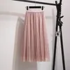 Zoete roze twee elegante golf gestreepte gebreide pullover top + mesh geplooide lange rokken pakken zomer 2 stuk set outfits 210416
