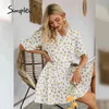 Lace Up V-hals Geel Bright Floral Print Elegant Short Beach Picknick Jurken Vakantie vakantie Zomerjurk 210414