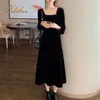 Mulheres de outono preto veludo manga comprida vintage sólido elegante senhora festa vestido 210415