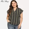 Plus Size Blouse Shirt Women Summer Stand V Neck Short Sleeve Striped Print Casual Blouse Big Size Ladies Tunic Tops 210401