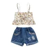 2-7Y летний ребенок ребенок девушка девушка одежда набор цветок оборками топы жемчужины джинсовые шорты наряды пляж праздник костюм 210515