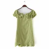 Moda Sukienka z krótkim rękawem Eleganckie kobiety Mini Es France Green Ruched Vestido Vintage Square Collar 210427