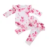 Spädbarn Barnflicka Långärmad Tie-färgad uppsättning Triangel Crotch Round Neck Top Bell Bottom Byxor 2st Kläder