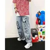 Desenhos animados desenhos animados Impresso Calças de brim dos homens BF Harajuku Moda marca rua desgaste casual moda graffiti solta jeans azul 211120