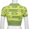 Kawaii Summer Floral Print Y2k Knit T-Shirts For Girls With Short Sleeve Female Turn Down Collar Green Crop Top Tee Shirt 210415