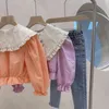 Camisas cortas de manga farol a la moda de primavera para niñas, Tops de algodón con cuello vuelto grande, novedad de 2021, estilo de llegada 210331