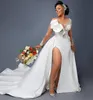 2022 Sexy árabe Aso Ebi sirena vestido de novia ilusión cuello encaje cristales lado partido desmontable tren volantes vestido de novia Vestidos De Noiva