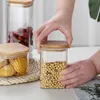 Transparante vierkante glazen voedsel opslag canisters wissen potten flessen voor graan granen bonen noten glazen flessen met bamboe deksel 120pcs