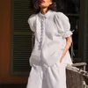 Button Up Shirt Blouse Tops Dames Lace Up Puff Sleeve Vintage White Summer Tops Oversized Chic Streetwear Tops 210415