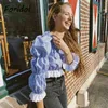 Chemisier à carreaux Vintage à volants Chemise Femme Style français Imprimer Boho Printemps Automne Crop Tops Puff Sleeve Casual Blue Blouse 210415