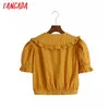 Women Retro Per Pan Collar Crop Short Sleeve Summer Chic Female Shirt Tops 6Z33 210416