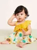 Baby zonnebloem print asymmetrische nek ruche trim jurk zij