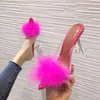 Sandálias Bombas de Verão Mulheres Sapatos PVC Penas Transparentes Cristal de Cerco Salto Alto Pele Pointed Toe Mules desliza chinelos peludos