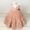 2021 Blush Pink Lace Flower Girl Dresses Ball Gown Backless Vintage Lilttle Kids Birthday Pageant Weddding Gowns ZJ674