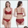 Ensembles de soutiens-gorge pour femmes sous-vêtements vêtements Sexy nœud transparent ensemble vin rouge sans doublure soutien-gorge à fermeture arrière pour les femmes pensez à la dentelle bretelles ajustées Drop Deli