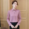 Kvinnors Blusar SHIRTS Vår Sommar Långärmad Skjorta Kvinnor Elegant Ol Smooth Silk Satin Femme Fashion Koreanska Kläder Rosa Vit Blå Top