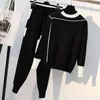 DEAT Autumn Women Knitted Two Piece Set Casual Sportsuit O Neck Long Sleeve Pullover Sweater Pants Set Tracksuit MG987 210331