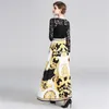 Fashion Runway Spring Summer Long Sleeve Dress Women's Vintage Gold Print Patchwork Black Lace Party Maxi Dresses 210603