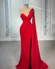 Robe de soirée sirène rouge élégante, asymétrique épaule dénudée, manches longues, dubaï, arabe, fente latérale, fleurs faites à la main, perles, longueur au sol, robe de bal sur mesure