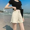 Summer Cool Women Denim Shorts Fashion Tassel Burr Hem High Waist Wide Leg With Pockets Casual Women's