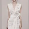 Runway Summer Sheath Party Dress Vintage Women Sleeveless Lace Hollow Out Bodycon Dress Sexy White V Neck Sashes Dress 210518