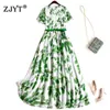 Roupas de verão para mulheres moda manga curta v pescoço impressão chiffon verde midi vestido casual férias vestidos femininos 210601