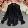 Summer elegant Long-sleeved chiffon shirt female design sweet bow tie belt trumpet sleeve bottoming and blouse women tops 210420