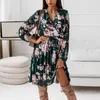 Dorywczo Suknie Elegancki Szyfonowa Linia Plisowana Sukienka Kolana Kobiety Moda Jesień V Neck Floral Print Opasted Folds Party Vestidos