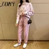 JXMYY Fashion Love Printed Knitted Two Peice Suit Women Long Sleeve Sweater Tops And Solid Colors Casual Pants Female Suit 211116